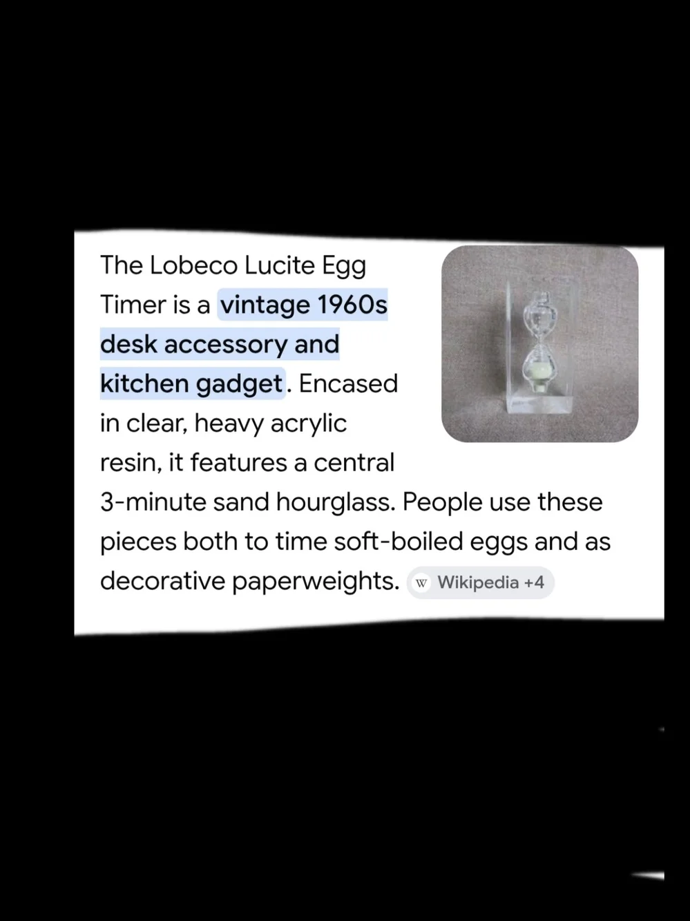 Vintage Lobeco Lucite 3-Minute Egg Hourglass Timer - 1960s